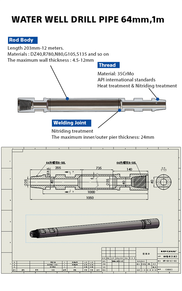 Water Well Drill rod API 2 7/8″ IF API 2 3/8″ IF Dth Drill Rod For DTH Hammer